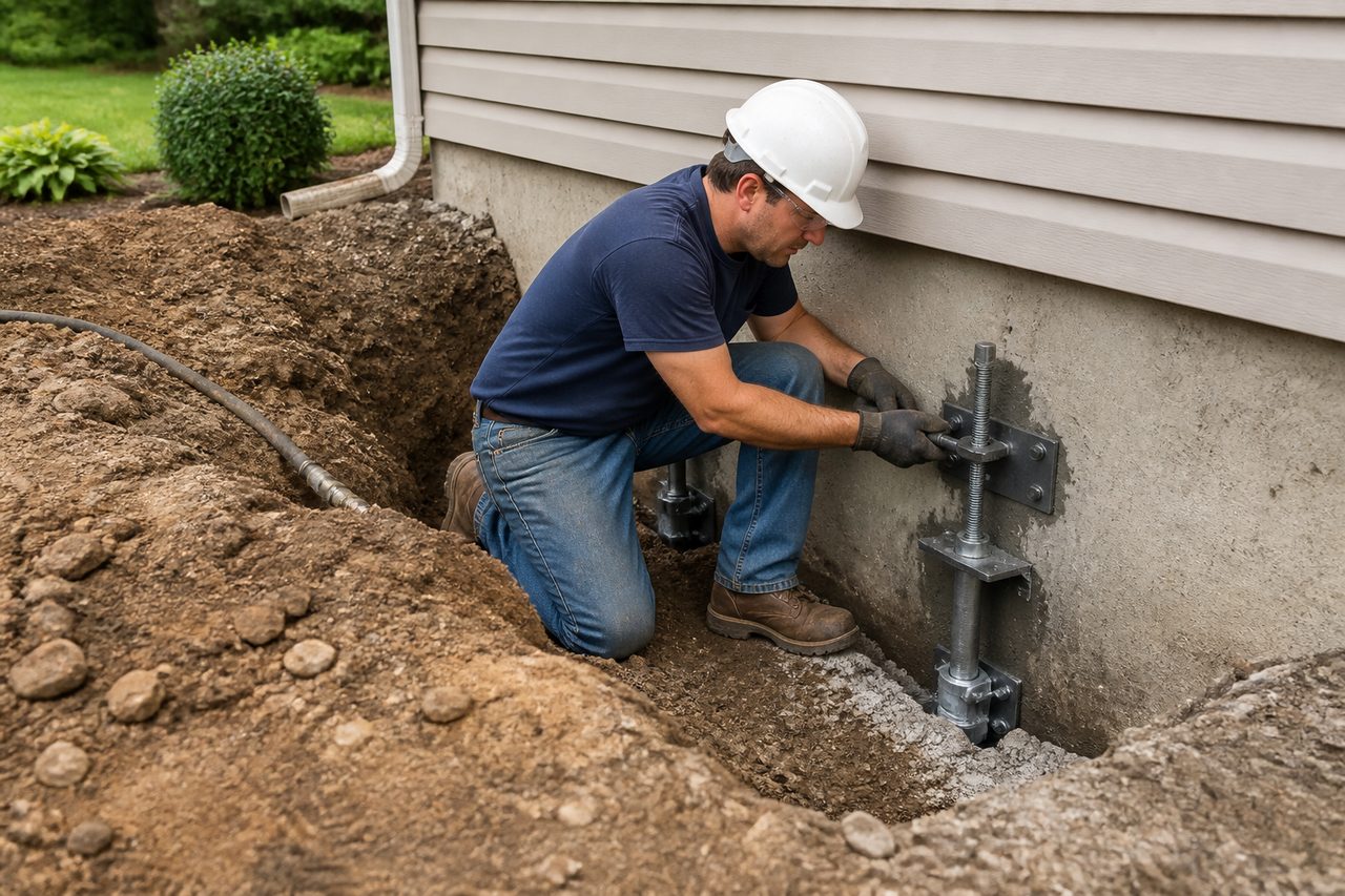 Illustration of foundation work beside a house